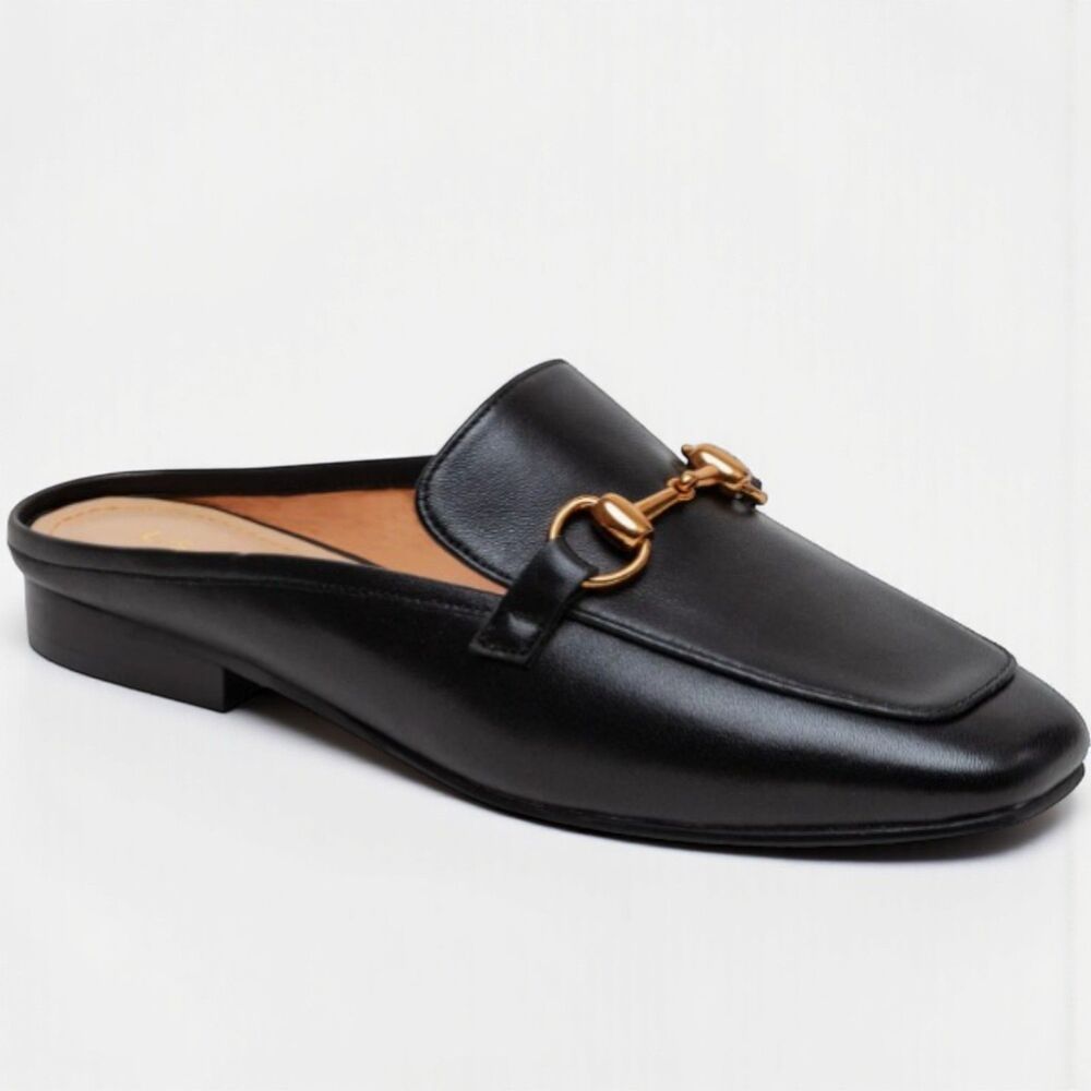 Leather Backless Mule with Gold Horsebit Accent - Black